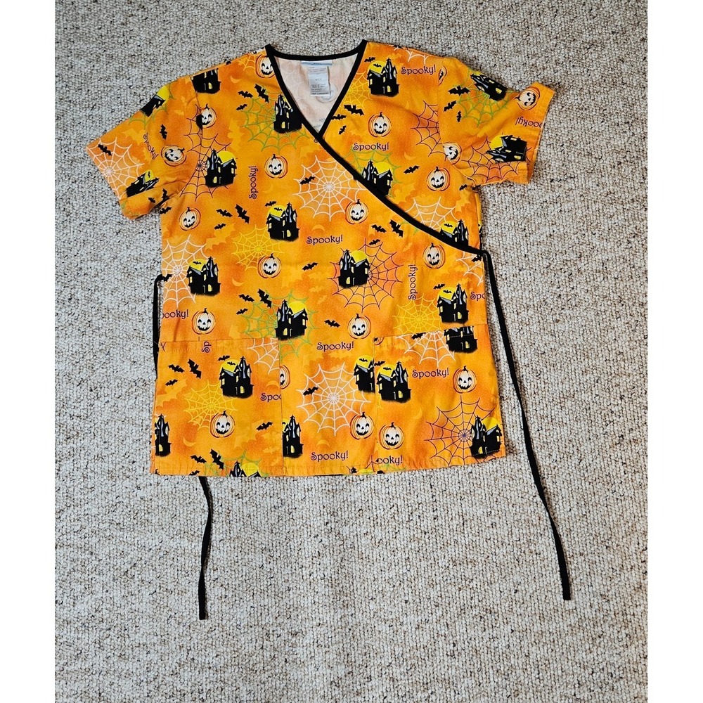 SB Scrubs Halloween Spooky Print Mock Wrap Scrub Top Orange Small SB39B976